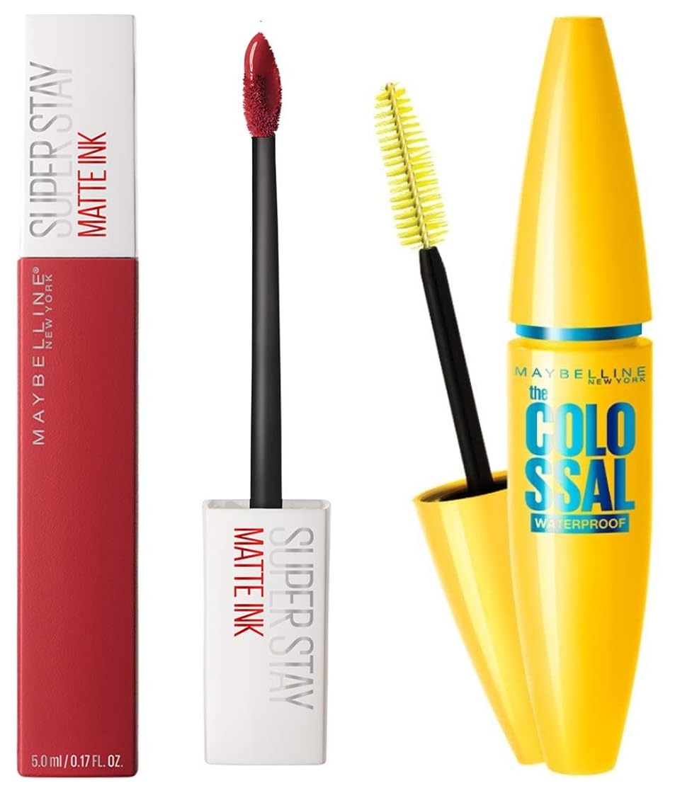 Maybelline New York Super Stay Matte Ink Liquid Lipstick, 20 Pioneer, 5ml and Maybelline New York Volume Express Colossal Masacara, Waterproof, Black, 10g