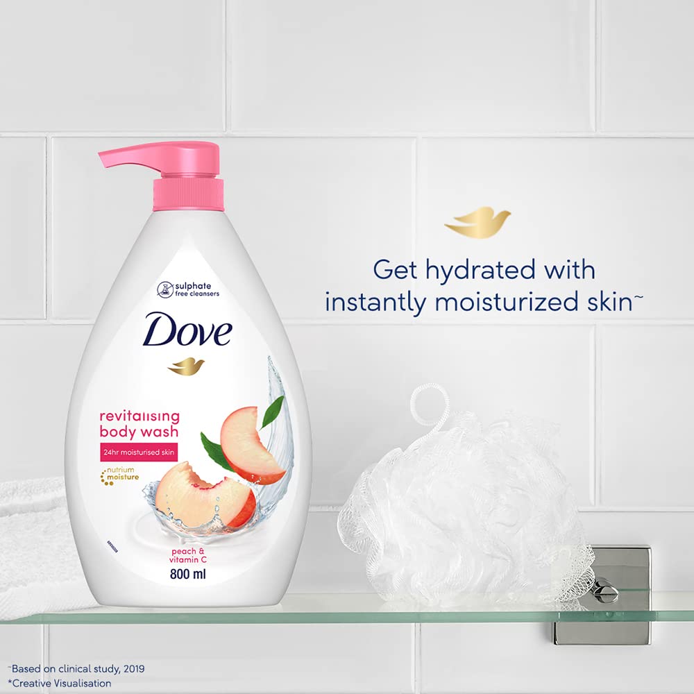 Dove Revitalizing Bodywash scented with peach and infused with Vtamin C to hydrate your skin, 100% gentle cleansers, paraben free/sulphate free cleansers, 100% plant- based moisturisers, 800ml