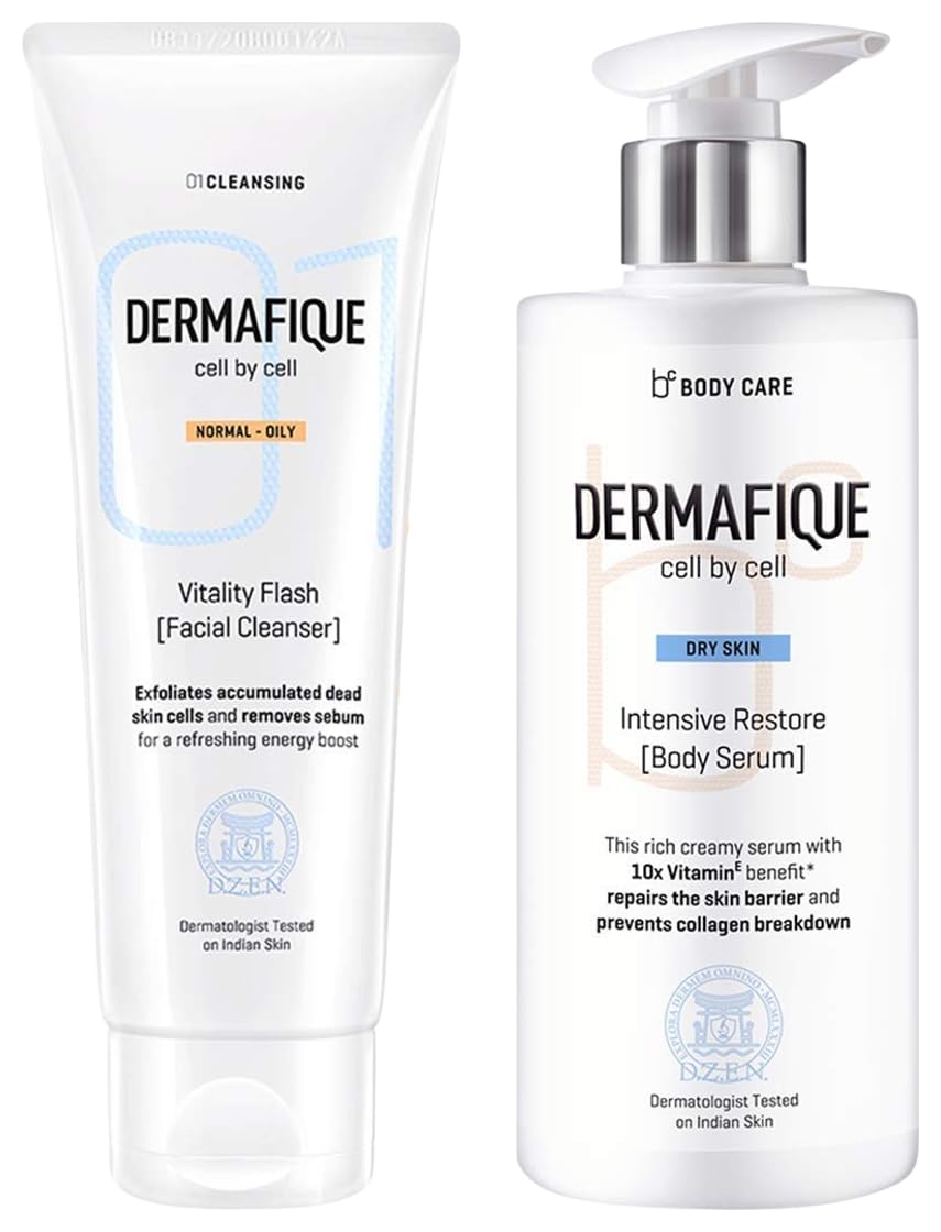 Dermafique Intensive Restore Body Lotion Serum with Vitamin E – 300ml Body Lotion Vitality Flash Facial Cleanser – 100ml