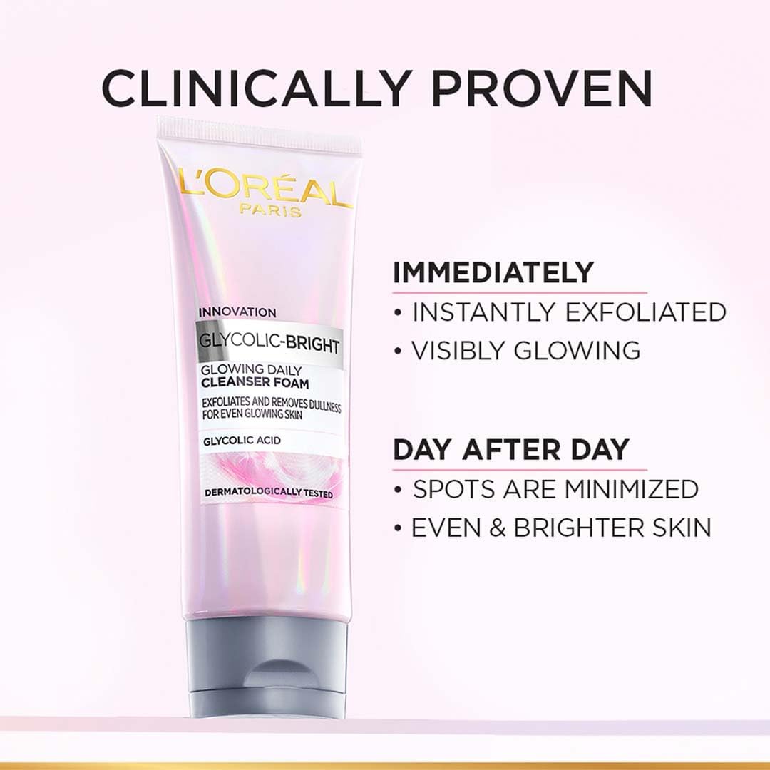 L’Oréal Paris Glycolic Bright Daily Foaming Facial Cleanser, 50ml Daily Glowing Facial Cleanser | Suitable for All Skin Types (PACK OF 2) 100g