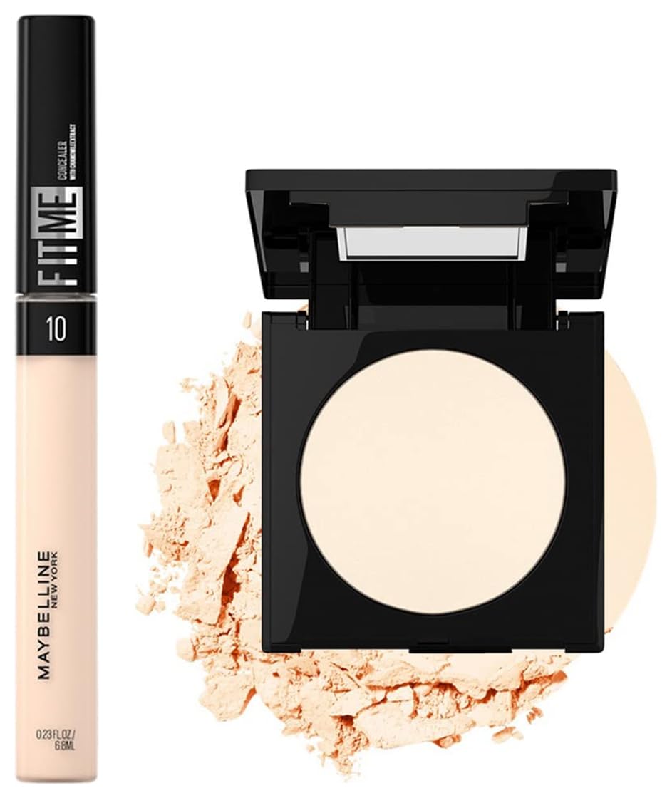 Maybelline New York Fit Me Matte Poreless Powder, 110 Porcelain, 8.5G And New York Fit Me Concealer For Oily Skin,10 Light, 6.8Ml, Cream