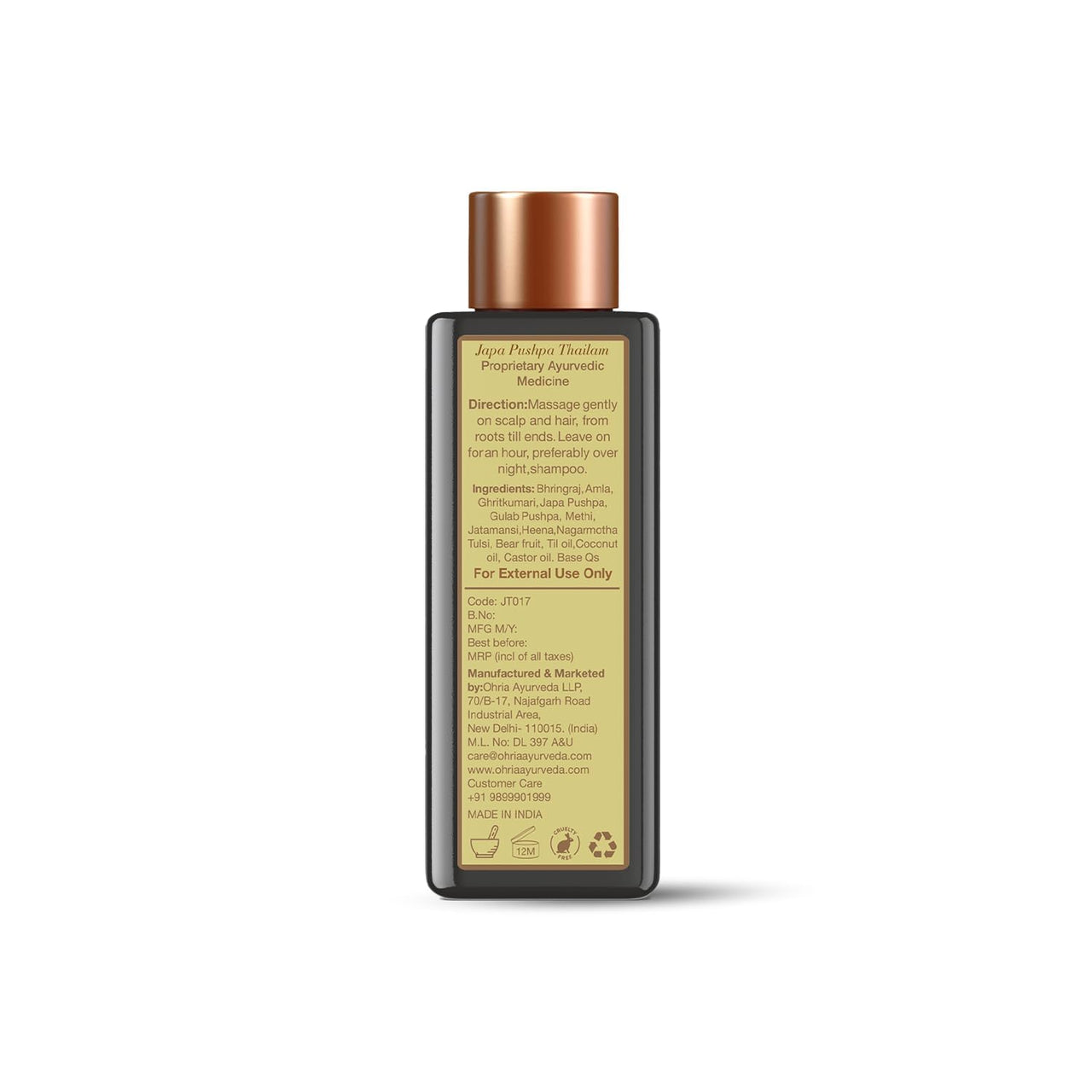 Ohria Ayurveda Japa Pushpa Thailam Hair Oil | Ayurvedic Herbal Blend with Neelibringadi Oil | Supports Hair Strength and Nourishment | For All Hair Types – 100ml
