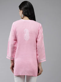 Ada Women's  Hand Embroidered Lucknowi Chikankari Cotton Straight Short Top Kurti A178625