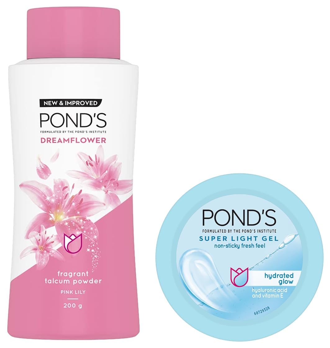 POND's Dream Flower Talc Powder, Pack of 200gm & POND's Super Light Gel Oil Free Face Moisturizer 50 ml, With Hyaluronic Acid & Vitamin E for Fresh Glowing Skin & 24 hr Hydration - Daily Use