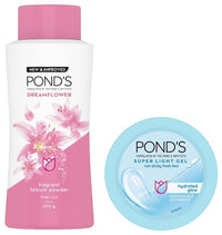 POND's Dream Flower Talc Powder, Pack of 200gm & POND's Super Light Gel Oil Free Face Moisturizer 50 ml, With Hyaluronic Acid & Vitamin E for Fresh Glowing Skin & 24 hr Hydration - Daily Use