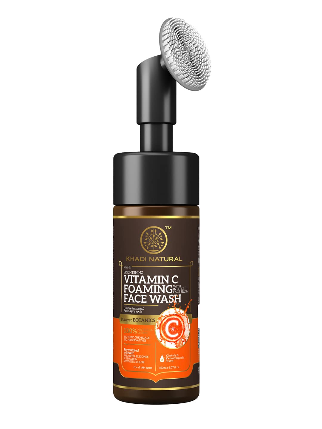 Khadi Natural Vitamin C Foaming Face Wash with In- Built Face Brush | Face Wash for Glowing Skin | Paraben, Silicone & Sulphate Free Shampoo | Suitable for All Skin Types | Powered Botanics| 150 ml