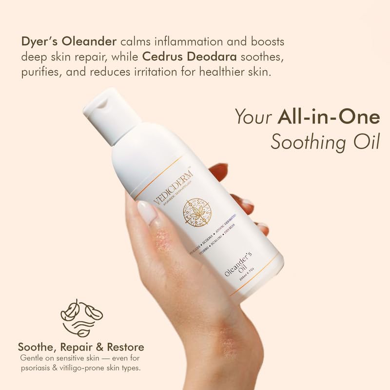 VEDICDERM Oleander Psoriasis Skin Care Oil Natural, Steroid-Free Formula for Dry, Itchy, and Flaky Skin Helps Soothe Irritation, Redness, & Promote Hydration, Suitable for Daily Use (200ml Pack of 1)