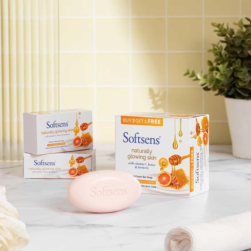 Softsens Naturally Glowing Skin Cream Bar Soap | Parabens, Sulphates Free Soap Pack of 3 (100g x 4)