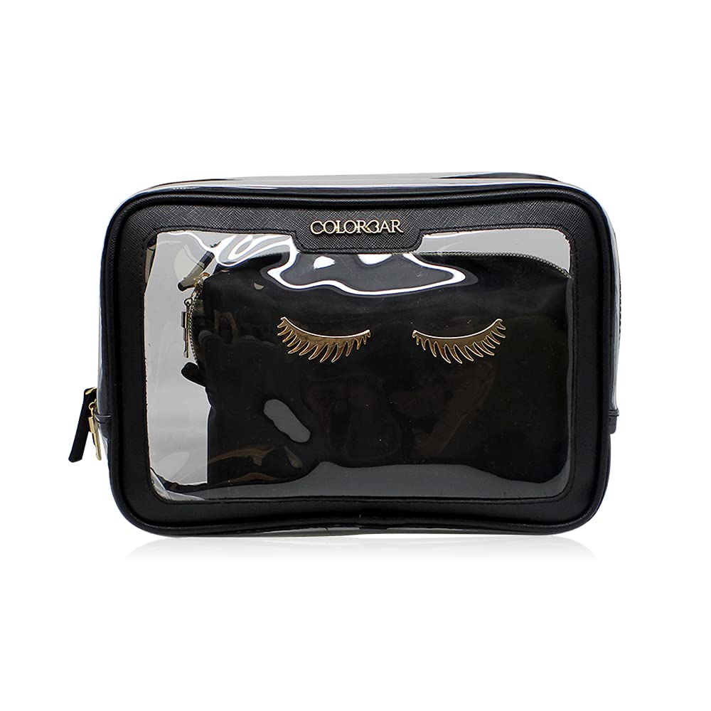 Colorbar LIPS & LASHES BOX POUCH(SET OF TWO) - BLACK II 1 Large Main Compartment + Small Black Pouch II Metallic Embellishments and Zipper II PVC + Polyester material