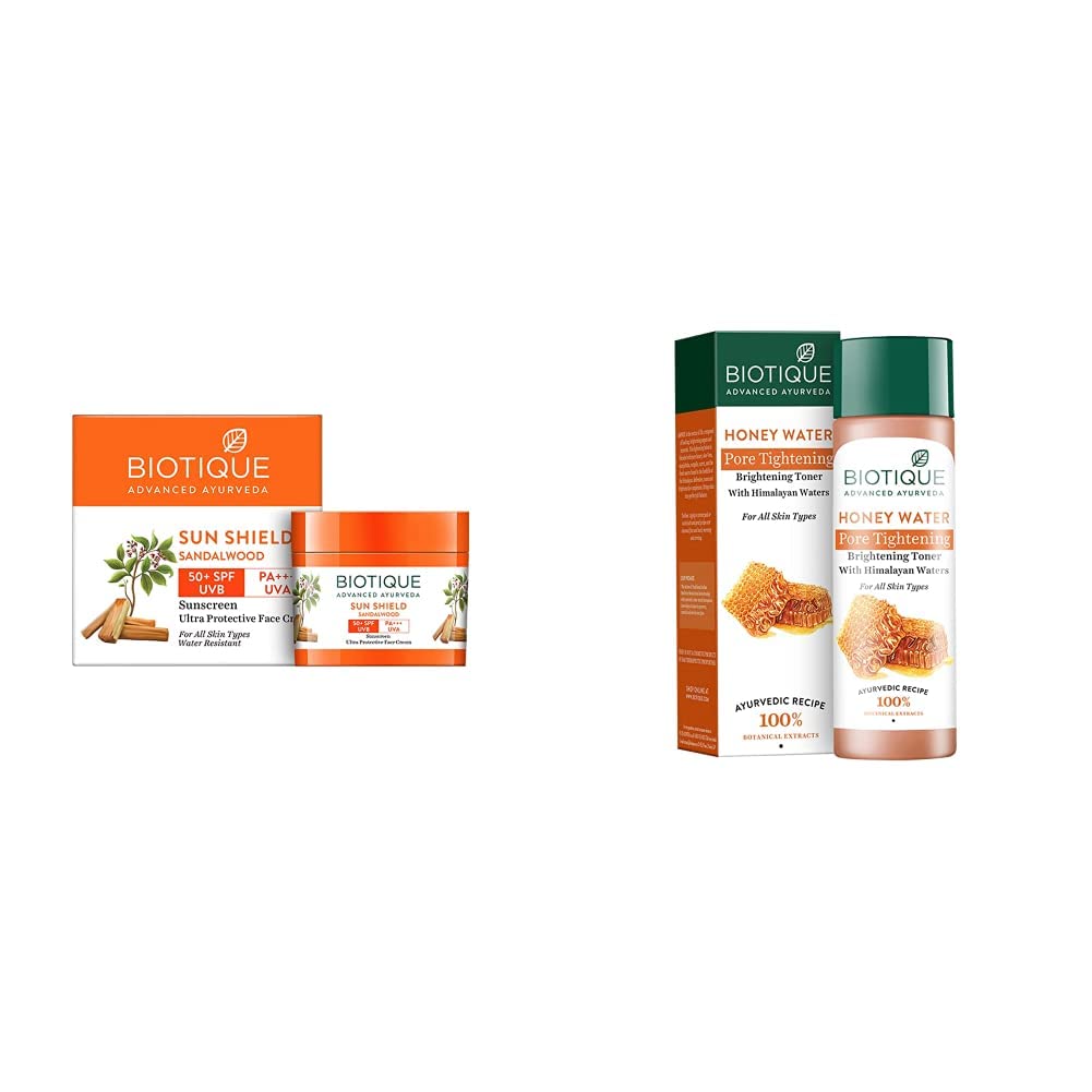 Biotique Bio Sandalwood Sunscreen Ultra Soothing Face Lotion For Combination Skin, Spf 50+, 50Ml And Bio Honey Water Clarifying Toner, 120Ml, Pack Of 1