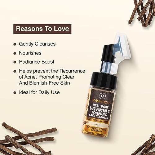 GLAMACIOUS Deep Pore Vitamin C Foaming Face Cleanser with Brush (100ml) | Anti-Acne & Pigmentation Control | Purifies, Detoxifies & Nourishes Skin | Sebum Control with Licorice & Niacinamide