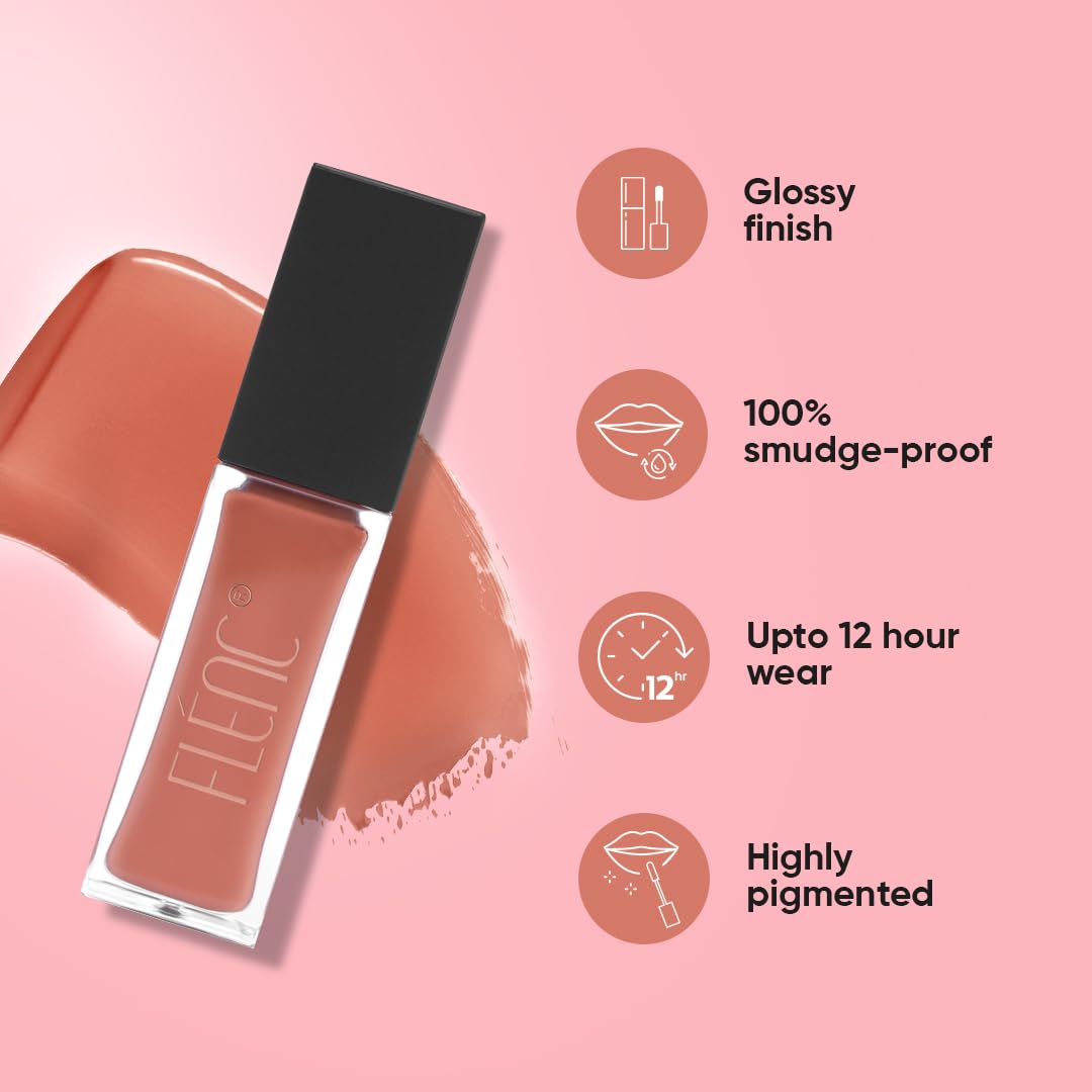 FLENC Flénc Ritzy Liquid Glossy Lipstick For Women, 12 Hrs Long Lasting Liquid Lipstick With Intense Pigment, Waterproof, & Smudge Proof Lipstick Formula In Caramel Nude Hue, 10 Ml- HELSINKI 7524C