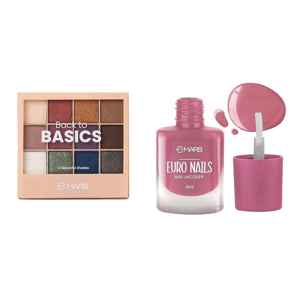 MARS 12 Shades Back to Basics Eyeshadow Palette with Free Applicator (14.4 gm) EURO Glossy Nail Lacquer (6.0 ml) (Shade-14), Multi