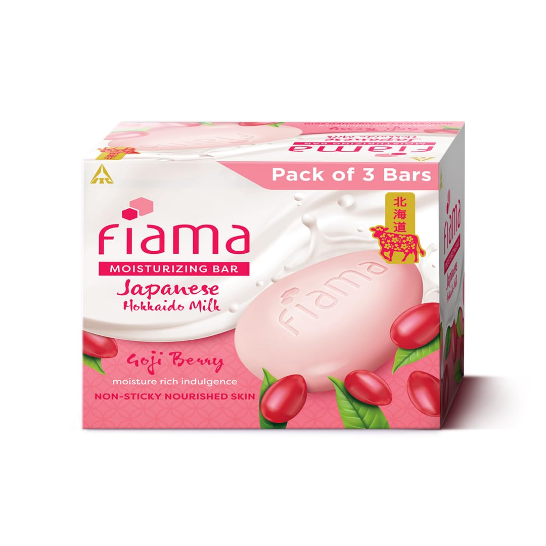 Fiama Moisturizing Soap Bar, Japanese Hokkaido Milk & Goji berry, Soap Pack of 3, Non-Sticky Moisturized Skin, 1/3rd Skin Moisturizers, Vitamin F, Fragrant Freshness
