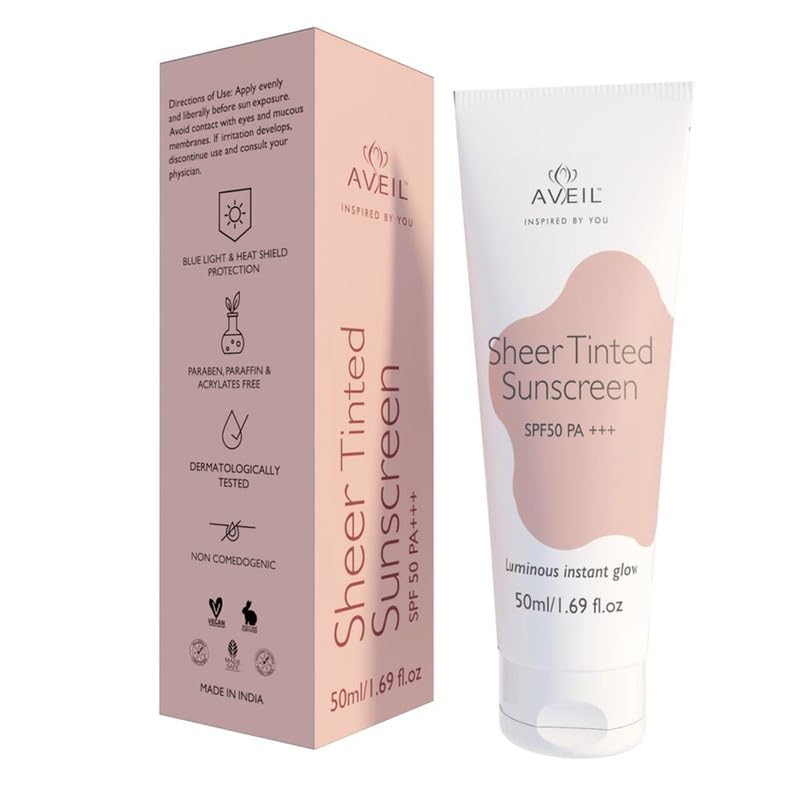 AVEIL Sheer Tinted Sunscreen SPF 50 PA +++ | 50 ml | UVA, UVB & Blue Light Protection | No White Cast | For All Skin Types | Water & Sweat Resistant | Hydrating Sunscreen | Sun-Safe Skin | Pack of 1