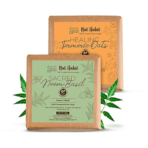 Nat Habit Healing Turmeric-Oats & Sacred Neem-Basil Butter Bath Soap, Anti-bacterial - Made With Cold Processed, Turmeric, Enriched with Neem & Kokum Butter For Men & Women - 125g of Each (Combo Pack of 2)