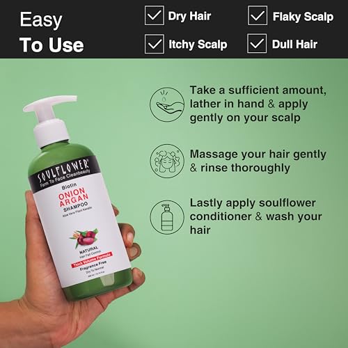 Soulflower Biotin Onion Sulphate Free Shampoo | For Hair Growth, Anti Hair Fall, Strong roots with Keratin, Argan Oil, Green Tea, Shikakai & Reetha for Men & Women for All Hair | 300ml (Pack of 1)