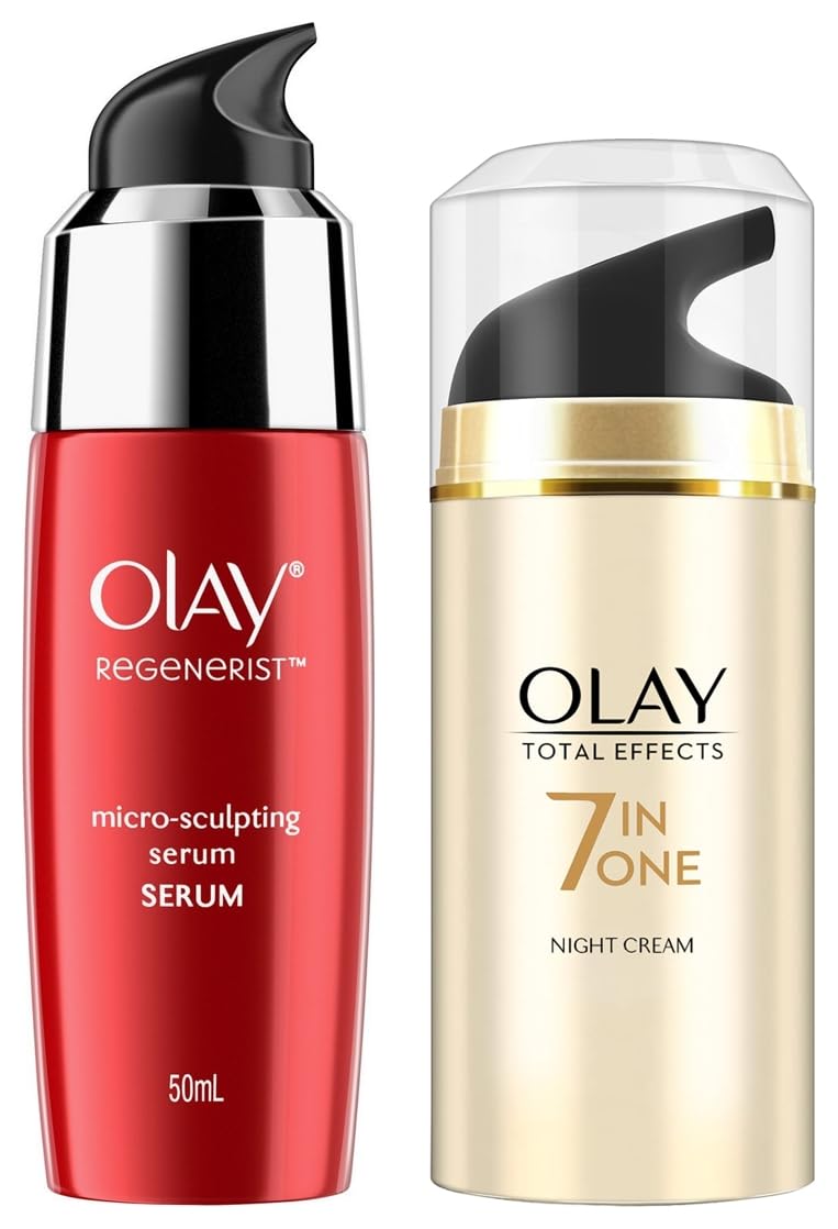 Olay Night Cream Total Effects 7 in 1, Anti-Ageing Moisturiser, 50g & Serum Regenerist Microsculpting¬ Serum, 50 ml