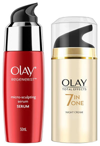 Olay Night Cream Total Effects 7 in 1, Anti-Ageing Moisturiser, 50g & Serum Regenerist Microsculpting¬ Serum, 50 ml