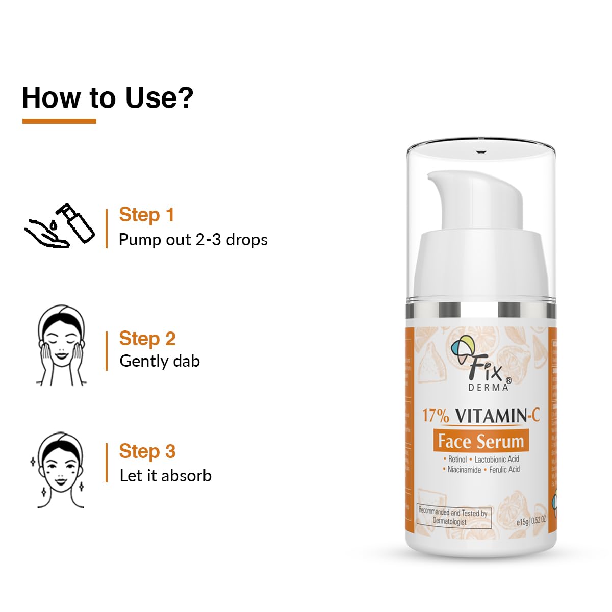 Fixderma 17% Vitamin C Face Serum for Glowing Skin | Retinol Face Serum | Skin Brightening Vit C Serum for Women and Men | Anti Aging Night Face Serum | Niacinamide Serum - 15g