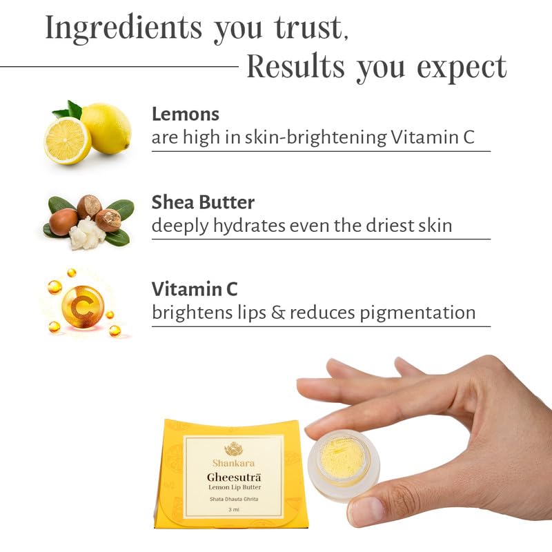 Shankara Gheesutrā Lemon Lip Butter, Ayurvedic Lip Balm for Soothing Dry, Inflamed, and Chapped Lips - Nourishment, Moisturizing, and Hydration up to 12 Hours - (Pack of 1) - 3ml