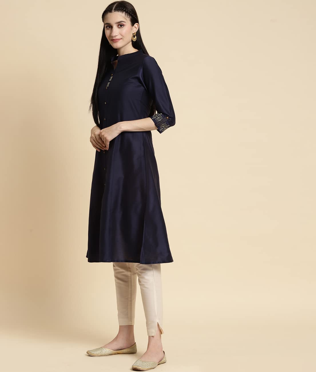 rangita Women Solid Embroidered Calf Length A Line Kurti with Sleeves Tabs