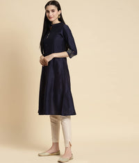 rangita Women Solid Embroidered Calf Length A Line Kurti with Sleeves Tabs