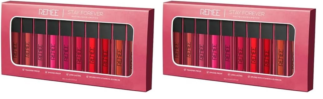 RENEE Stay Forever Matte Liquid Lipstick Combo - Transfer-Proof, Smudge-Proof, Long Lasting, Infused with Vitamin E & Jojoba Oil - Perfect for Gifting, Wedding, Special Occasions, Travel Pack of 20