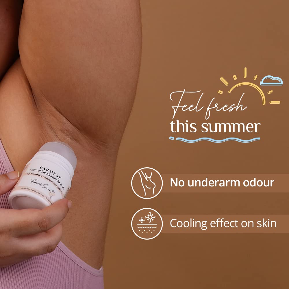 Carmesi Natural UnderArms Roll On Deodorant for Women | 95% Natural + 5% Essential Ingredients | For Fresh Underarms All Day | No Alcohol & Aluminium | Floral Sunset | 50 ml (Pack of 3)