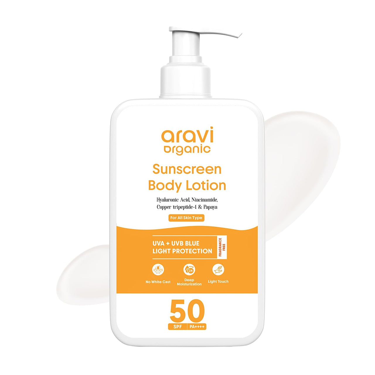 Aravi Organic Oil-Free Sunscreen Body Lotion SPF 50 PA++++ | Lightweight, Quick Absorbing & No White Cast | UVA & UVB Protection | With Niacinamide, Hyaluronic Acid & Copper Tripeptide | 200ml