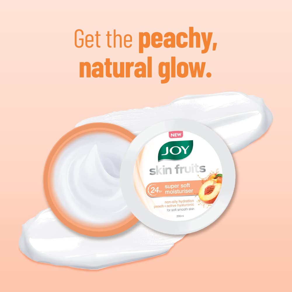 Joy Skin Fruits Super Soft Moisturizer With Peach & Hyaluronic Acid (200ml) | Cold Skin Cream for 24Hrs Moisturization of Face, Hands & Body | Oil Free Hydration For Soft & Smooth Skin