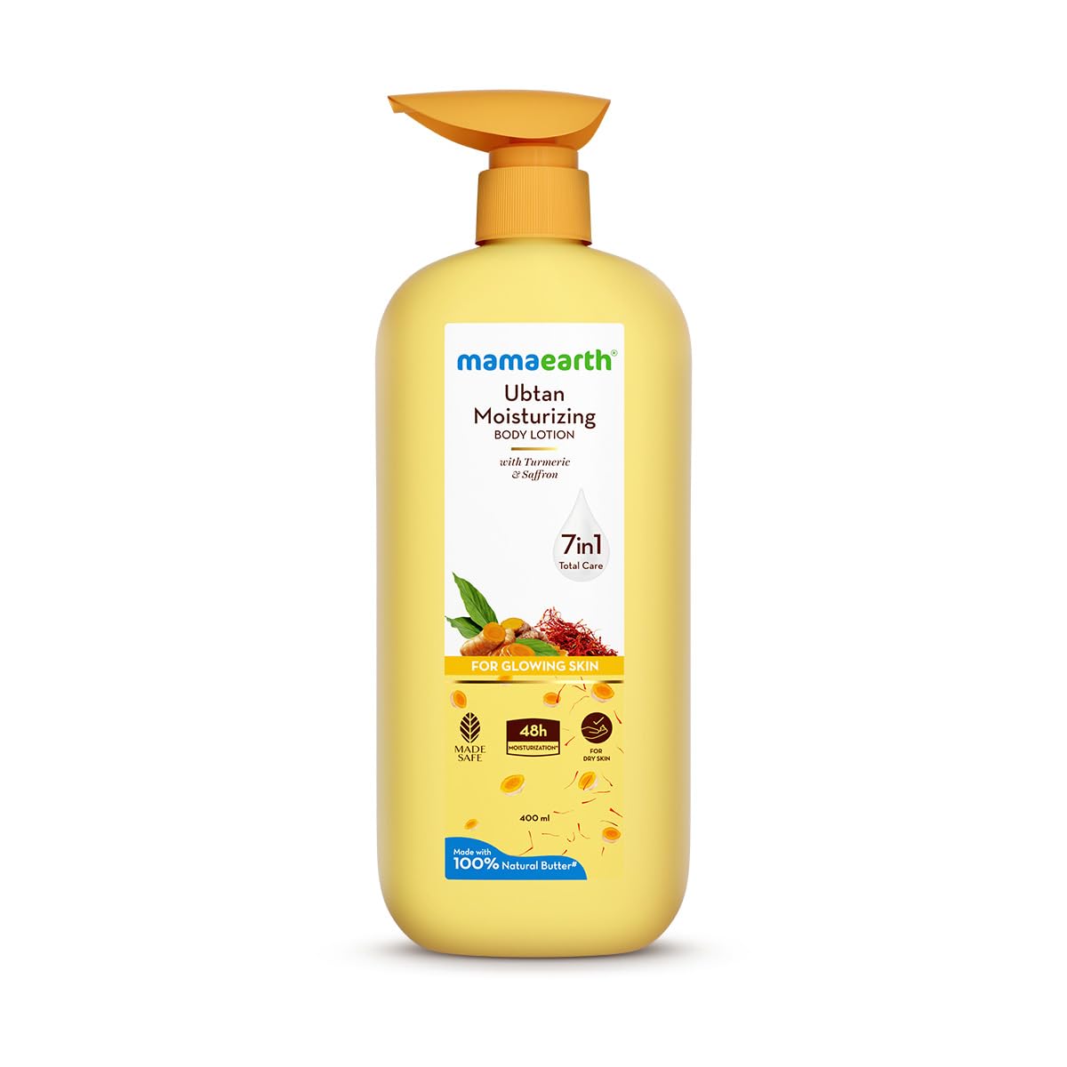 Mamaearth Ubtan Moisturizing Body Lotion with Turmeric & Saffron for Glowing Skin | 48H Moisturization | Nourishes Dry Skin | 7 in1 Total Care | 100% Natural Butter | Non-Greasy Smooth Skin | 400 ml