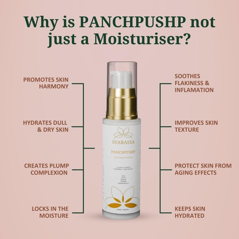 Svarasya Panchpushp - The Ancient Skin Hydration Lotion For Face with Natural ingredients | Retaines moisture upto 8 hours | Hydrates dull and dry skin | Non-greasy, lightweight, and dewy finish | For soft & glowing skin (Moisturizer, 50 Ml)