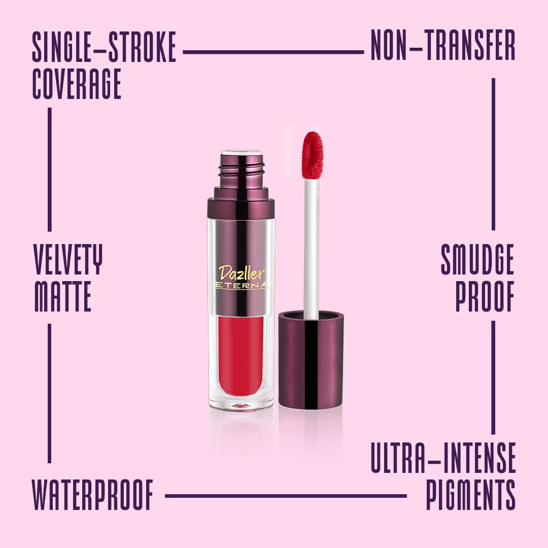 Dazller Eterna Long Stay Lip Colour, 4g, LC121 - Rembrandt - Waterproof, Matte, Ultra-Intense Pigments, Skin-Nourishing Extracts
