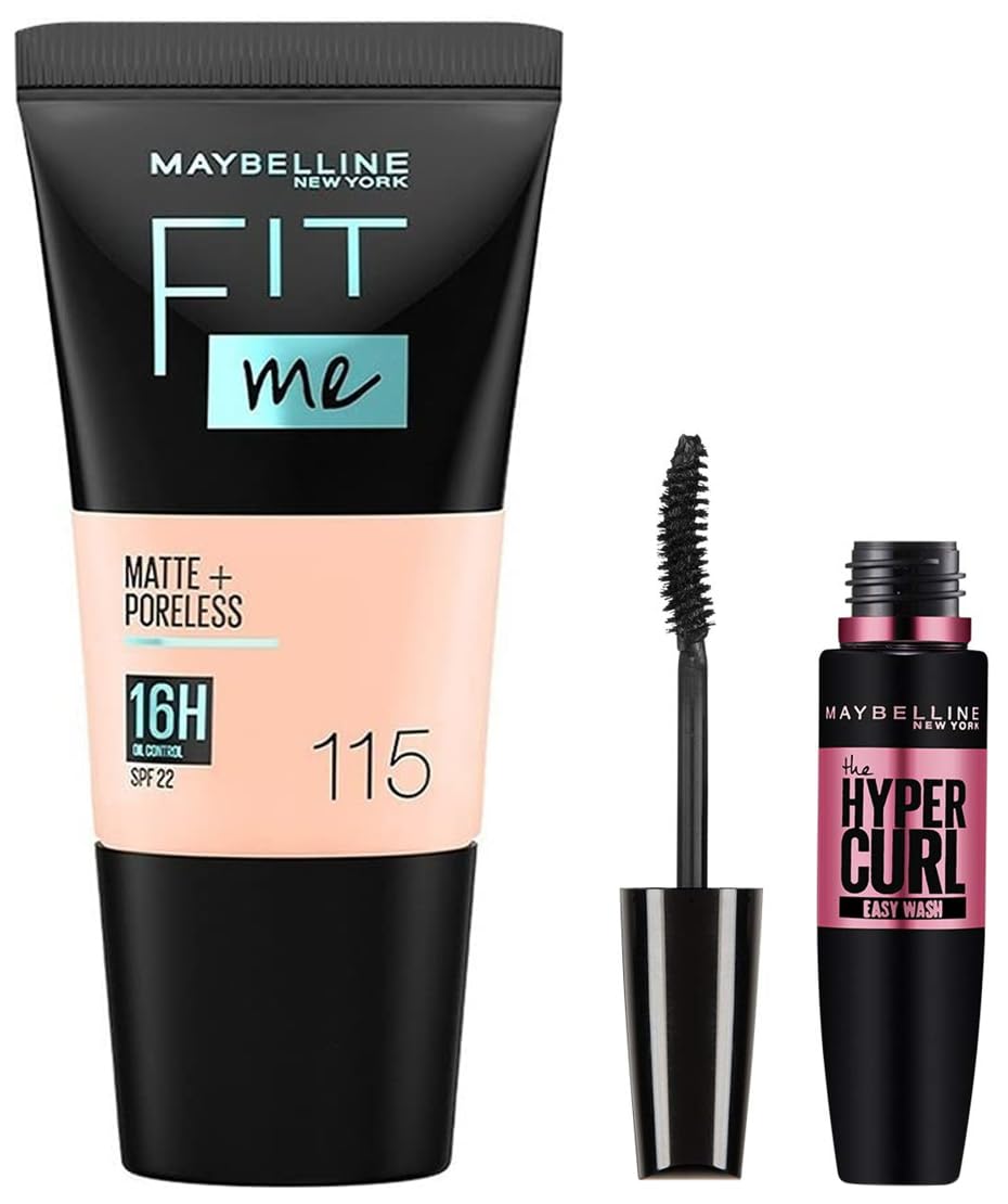 Maybelline New York Fit Me Matte+Poreless Liquid Foundation Tube, 115 Ivory, 18ml and Maybelline New York Hypercurl Mascara Washable, Black, 9.2ml