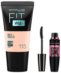 Maybelline New York Fit Me Matte+Poreless Liquid Foundation Tube, 115 Ivory, 18ml and Maybelline New York Hypercurl Mascara Washable, Black, 9.2ml