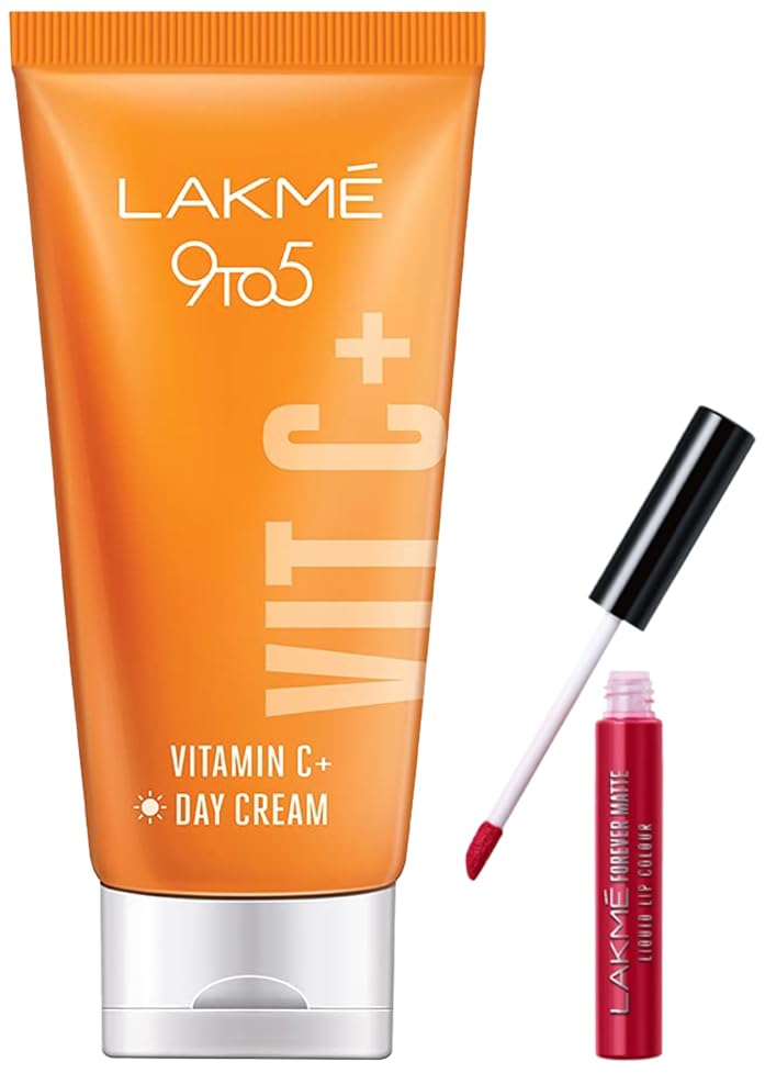 Lakmé 9To5 Vitamin C+ Day Cream with 98% Pure Vitamin C complex, to reduce Skin dullness and Glowing Skin, 50g & Lakmé Forever Matte Liquid Lip Colour, Red Revival, 5.6 ml