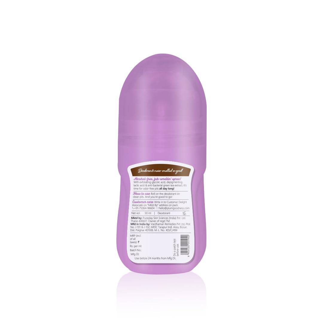 Plum BodyLovin' Vanilla Vibes Underarm Roll On for Women | Last Up to 48H | 4% Lactic Acid & 1% Glycolic Acid | Controls Odor & Fades Underarm Darkness | Warm Vanilla Fragrance Underarm Roll On | 50ml