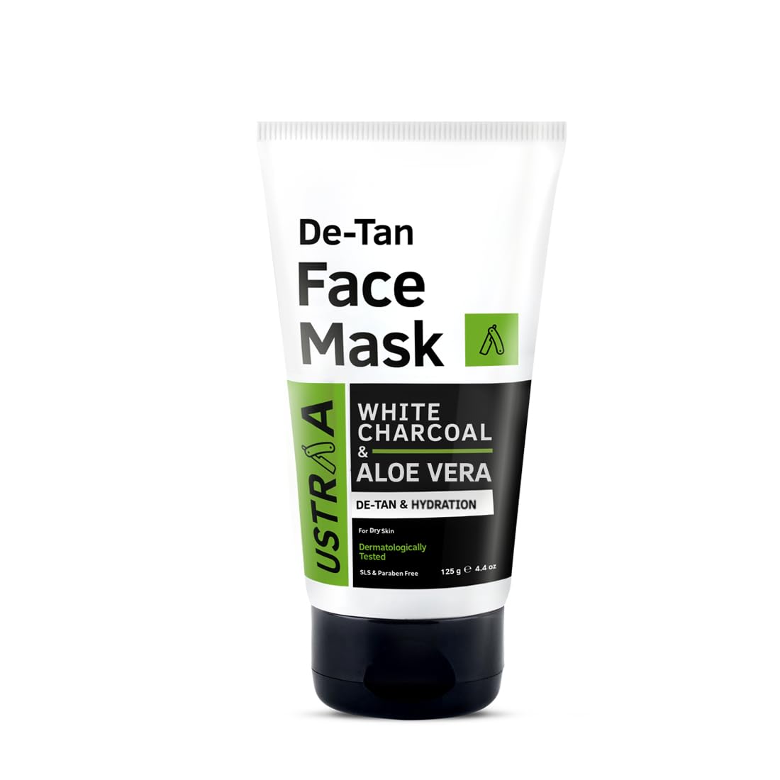 Ustraa De-Tan Face Mask - Dry Skin - 125 gm - Wash-off mask | Effective Tan Removal with White Charcoal | Removes Dead Skin & Pollutant | Anti-inflammatory properties of Aloe Vera
