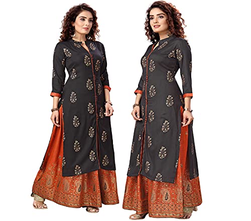 madhuram textiles Women's  Straight and 3/4th Sleeves Fully Stitched Plain Printed Slab Rayon Kurtis and Knee Length with Round Neck Long Kurti with Skirt Set
