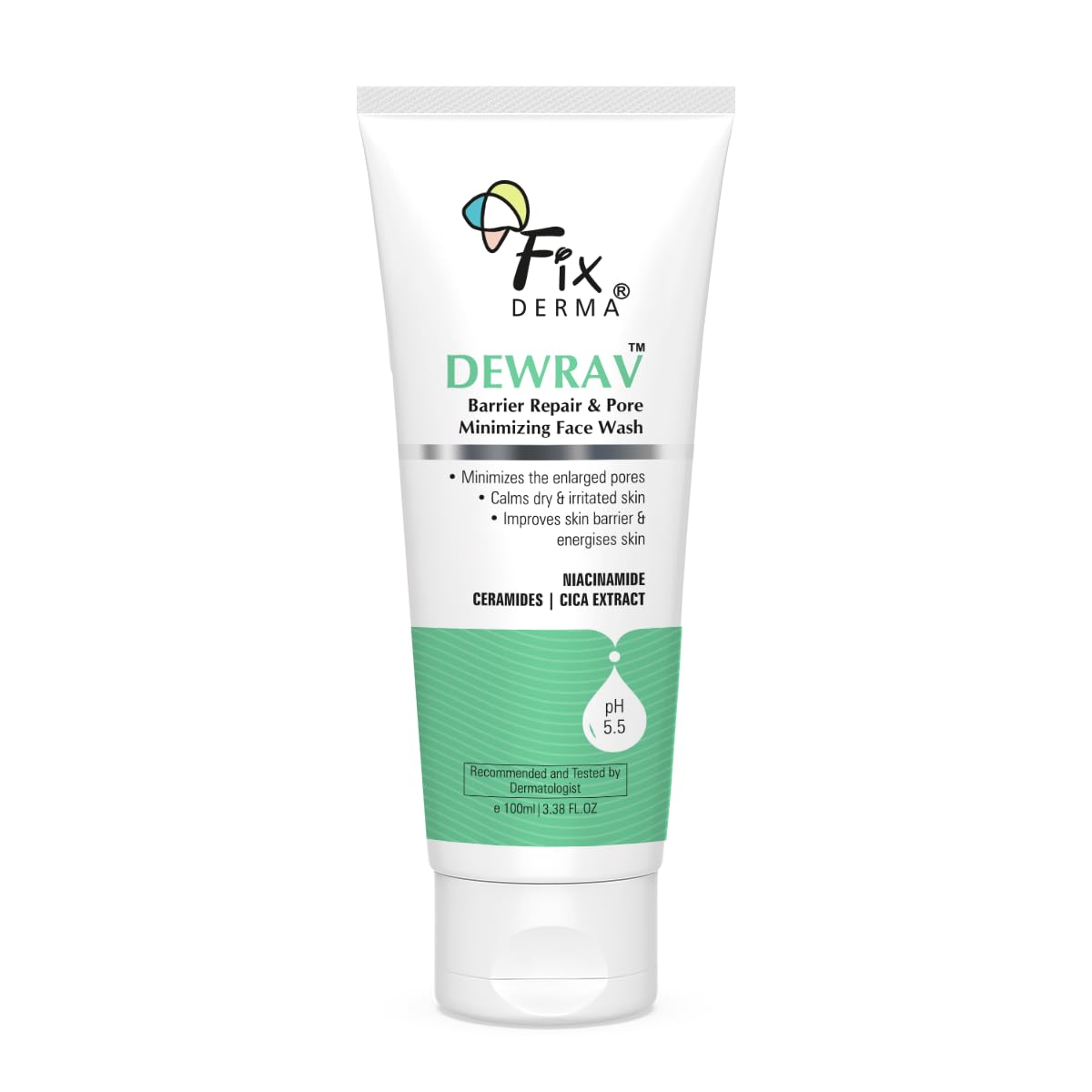 Fixderma Dewrav Barrier Repair & Pore Minimizing with 2% Niacinamide Face Wash | Cica Extract & Ceramide Improves Skin Barrier & Soothes Irritated Skin | For Normal, Dry & Sensitive Skin | 100Ml