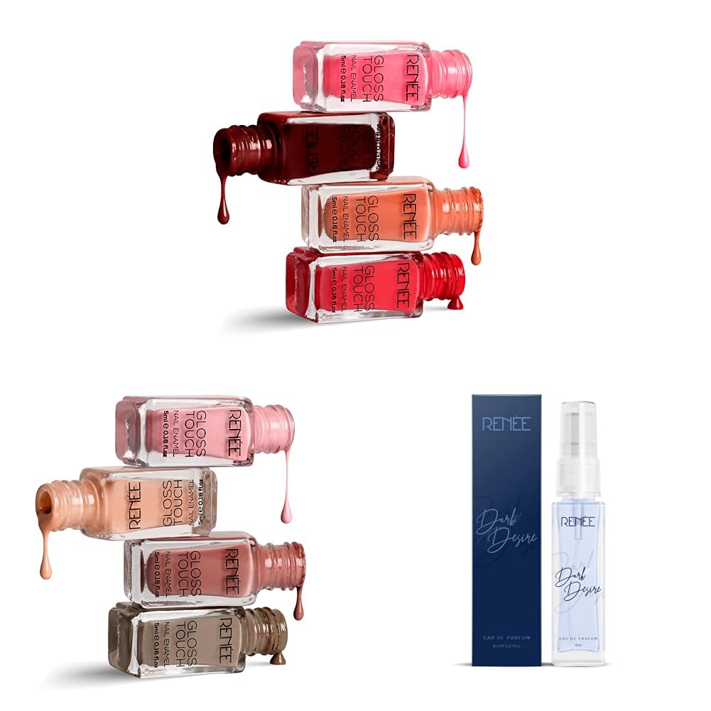 RENEE Gloss Touch Nail Paint Set Of 4, Quick Drying Glossy Gel Finish Nail Kit & Eau De Parfum Dark Desire 8Ml,Premium Long Lasting Luxury Perfume Scent For All Occasions,Travel Friendly Mini Perfume