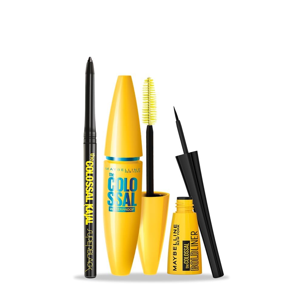 Maybelline New York Eye Makeup Kits & Combos | Eyeliner Combo with Colossal Superblack Kajal, Colossal Waterproof Mascara & Colossal Bold Liner (0.35g+10ml+3ml)