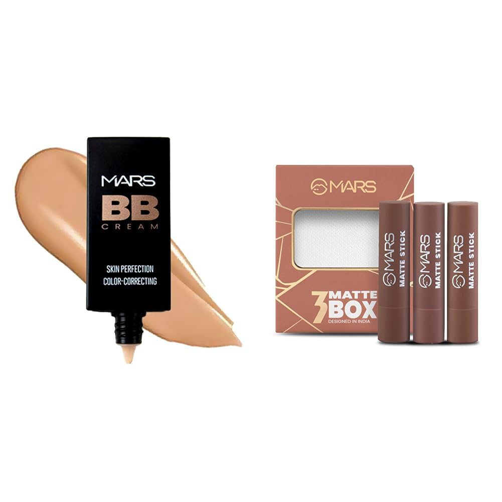 MARS BB Cream Lightweight Foundation | Blendable BB Cream for Women(30 ml) (Tan) Matte Box Set of 3 Lipsticks for Women (3x3.2 gm) (04-Brown)