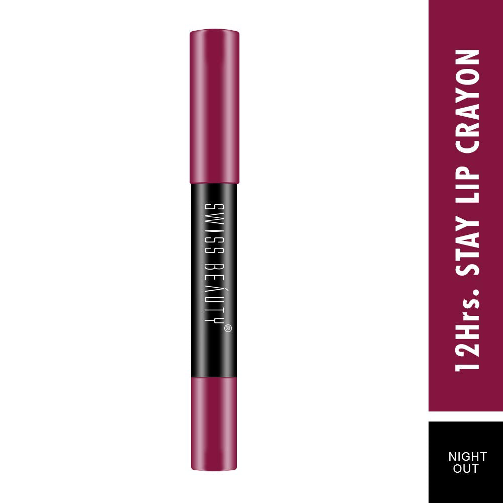 Swiss Beauty 12 Hrs. Stay Matte Lip Crayon, Night Out, 3g - Long Lasting, Waterproof, Super Stay, Matte Finish Lip Crayon, Long Wear, Crayon Lipstick