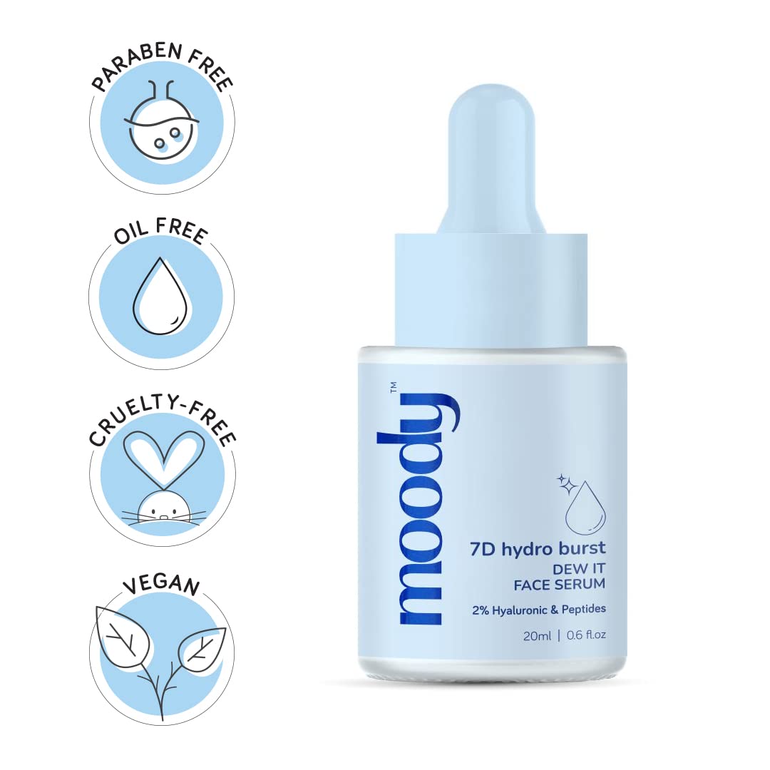 Moody 2% Hyaluronic Face Serum with Niacinamide Peptides For Dewy Hydrated & Plumped Skin With 7D Hydro Burst | Daily Hydrating Face Serum For Bouncy Skin | Paraben Free Serum for Men & Women | 20 ml
