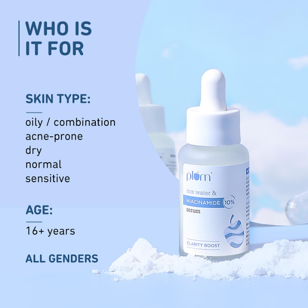 Plum 10% Niacinamide Serum with Rice Water | Provides Clear, Glowing & Brightening Skin | for Acne Prone, Combination, Oily & Sensitive Skin | Oil Control & Anti Acne Face Serum for Women & Men | 30ml