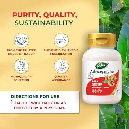 Dabur Ashwagandha Tablets - 60 tabs | General Wellness Tablets | Stress Relief | Rich in Antioxidants | Immunity Booster | Rich in Antioxidants | Rejuvenates Body