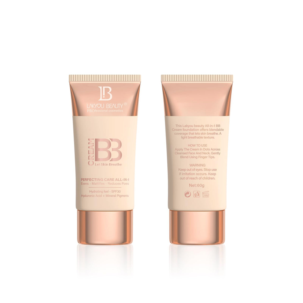Lakyou Beauty BB Cream Let Skin Breathe - Perfecting Care All-in-One, Evens, Mattifies, Reduces Pores, Hydrating with SPF 30, Hyaluronic Acid & Mineral Pigments, 60ml (01(White Ivory), 60)