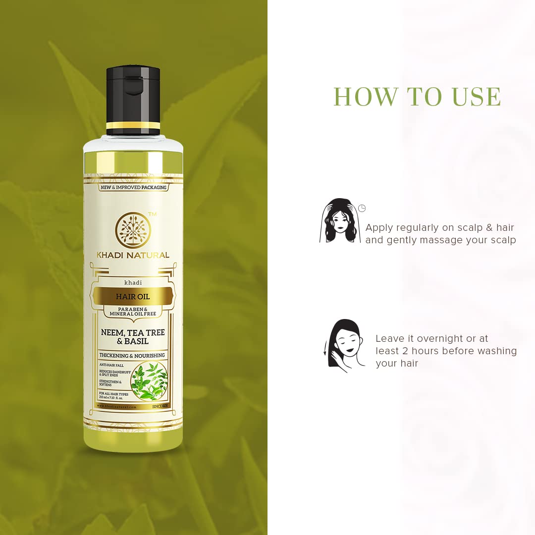 Khadi Natural Neem, Teatree and Basil Herbal Hair Oil, Paraben Mineral Oil Free| Unique non-greasy hair formula| Boosts hair growth and overall hair health| Suitable for All Hair Types| 210ml